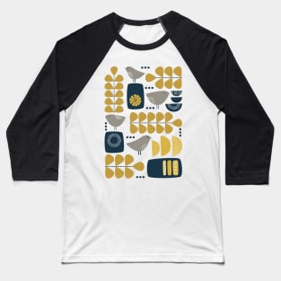 Retro Mid Century Modern Bird and Leaves in Navy Blue, Mustard Yellow and Grey Baseball T-Shirt